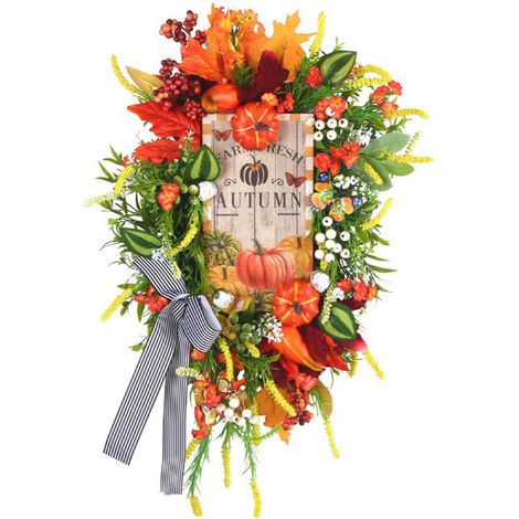 Herbstkranz für die Haustür, Herbstdekoration mit Ahornblättern, Kürbis, Schleife, Holzschild, Herbstkranz für die Erntezeit, Haustür, Fenster, Wand (1/2)