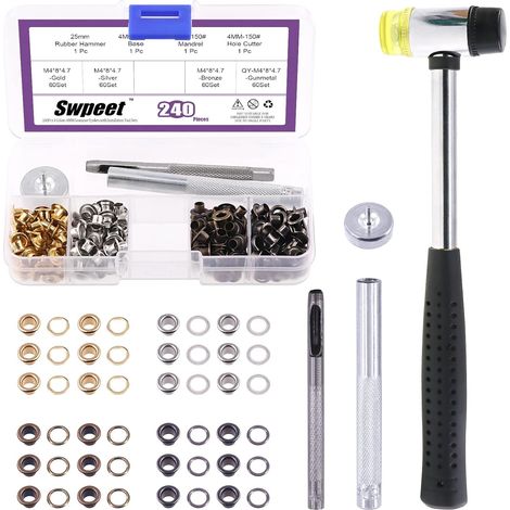 484 pieces - 240 sets of 3/20" (4mm) diameter grommets, thickened metal grommets in 4 colors and 3 installation tools, soft rubber mallet for repairing canvas and leather (1/5)