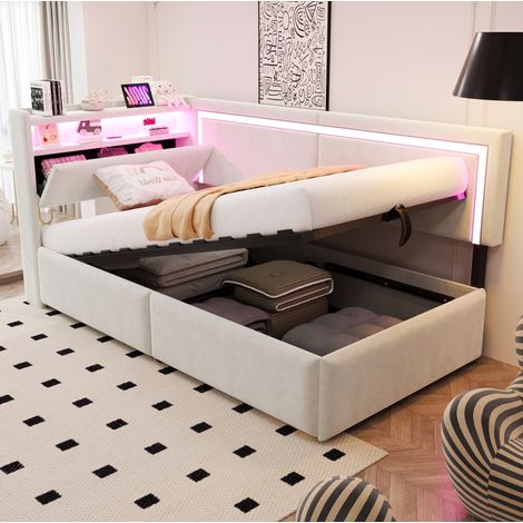 Canapé-lit en velours beige 90x200 cm avec LED, ports USB et rangement hydraulique (1/5)