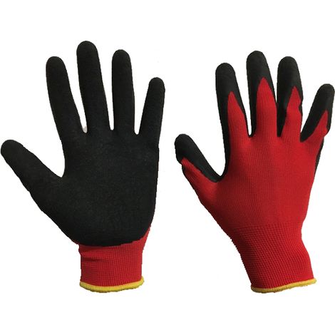 Guanti da lavoro taglia 9 con supporto in nylon rosso spalmato con lattice rugoso nero e posino elasticizzato Rosso 9 (1/4)