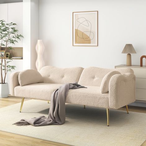 Canapé-lit 2 places 155 x 85,5 cm convertible, dossier 3 positions, pieds métalliques dorés, naturel - beige (1/5)