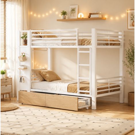 Letto a castello 90 x 200 cm con 4 cassetti, LED, armadio, bianco HAVRYA (1/5)