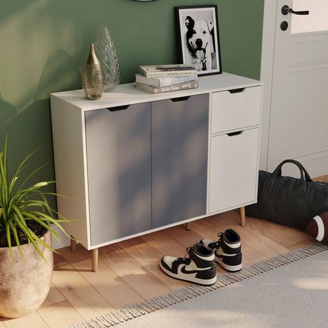 Buffet Bas 3 Portes 1 Tiroir Rangement Cuisine ou Salon H 72 x L 90 x P 30 cm, Gris-Blanc (1/5)