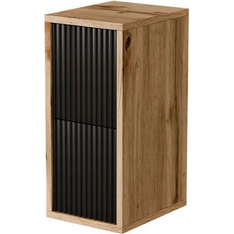 Table de Chevet 24 cm Noir et Chêne Wotan 2 Tiroirs Façades Rainurées PUSH TO OPEN (1/4)