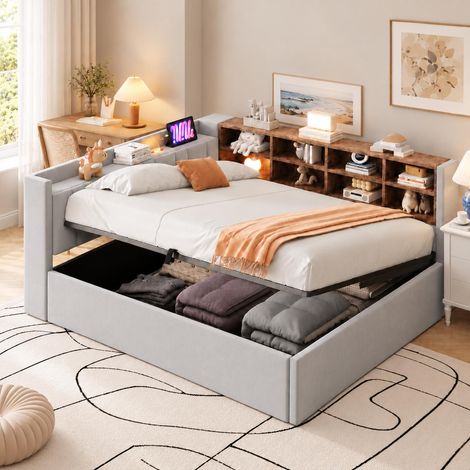 Lit coffre 140 x 200 cm, canapé-lit, éclairage LED et ports USB Type-C, étagères de rangement, velours, Gris clair (1/5)