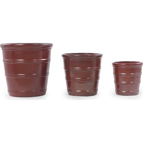 Set di 3 vasi in ceramica fatti a mano, rosso marrone lucido, Ø 40,5/32/24 cm, con fori di drenaggio (1/5)