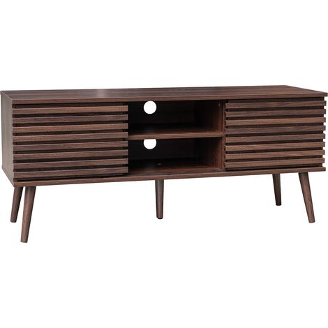 120 cm scandinavian TV unit grooved wooden effect 2 doors Walnut 120x39x51.5 cm - Madere