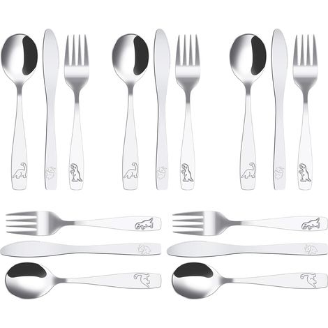 15Pcs Couverts Enfant INOX 5 x Fourchette 5 x Cuillère 5 x Couteau Dentelé Sûr Couverts Enfant INOX Jungle Dinosaure Gravé Couvert Bebe INOX pour Enfant Maison Restaurant École Garderie