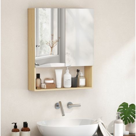 REDOM - Armario de baño de pared, 60x16.6x75 cm, puertas con doble espejo, estante abierto regulable, madera y vidrio, roble (1/5)