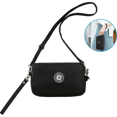 Portefeuille à trois compartiments zippé en nylon imperméable, pochette pour téléphone portable, porte-monnaie, dragonne, compatible avec iPhone 11 Pro Max, XR, XS, X, 8 Plus, Galaxy S10, S9, S8, Note (1/5)