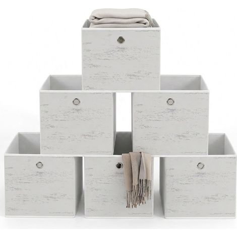 Relaxdays Aufbewahrungsbox, 6er Set, 30x30x30 cm, Stoff, Holzoptik, Griffloch, Wohnzimmer, faltbare Regalboxen, weiß