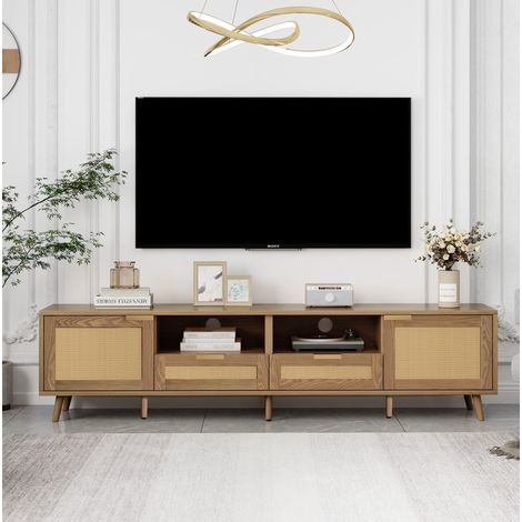 TV-Schrank 200/37/49 cm in Eichenoptik mit Rattangeflecht, 2 Türen und 2 Schubladen (1/5)