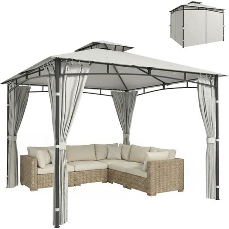 Gartenpavillon mit einziehbarem Dachrahmen und Doppeldach, UV-Schutz 50+, wasserdicht, 3 x 3 m, Creme
