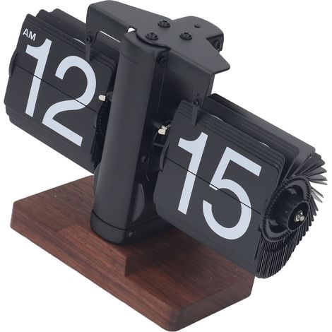 Horloge de bureau numérique à rabat 12 heures alimentée par batterie simple face rétro mécanique à descente automatique avec base en bois pour salon bureau cadre noir pages lettres blanches (1/5)