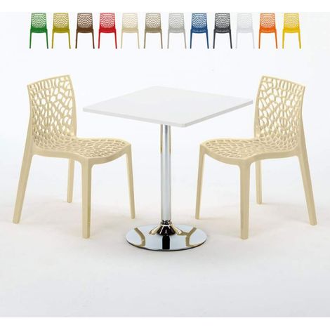 Table Carrée Blanche 70x70cm Avec 2 Chaises Colorées Grand Soleil Set Intérieur Bar Café Gruvyer Cocktail - Beige (1/5)