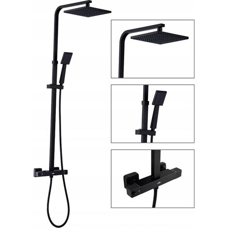 Auralum Conjunto de ducha con Mezclador Termostática Negro , Sistema de Columna de Ducha 10 pulgadas Ducha Lluvia+Ducha de Mano con boquillas anticalcáreas, Altura Ajustable 97-130 cm
