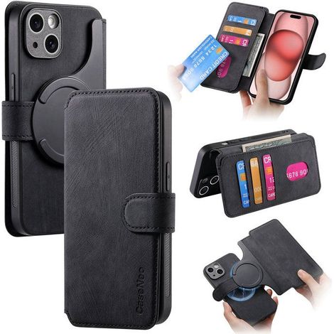 Coque iPhone 15, Étui Portefeuille Cuir PU, Fermeture Magnétique, Rabat, Protection Premium, Noir (1/5)