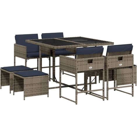 Conjunto de comedor de jardín de 9 piezas con cojines, poliratán gris vidaXL (1/5)