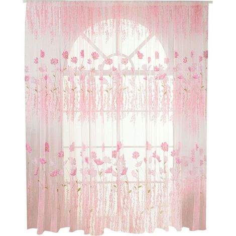 Rideau en Voile/Tulle à Motif Floral en Polyester - Décoration pour Chambre ou Salon (Rose)