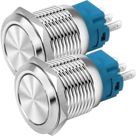19mm Tête Plate SPDT Bouton-Poussoir de Verrouillage Étanche, Interrupteur à Bouton-Poussoir en Métal en Acier Inoxydable, Bornes à Souder DC 6V/12V/36V/48VAC 110V/230V 2A 1NO+1NC (1/4)