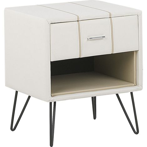 Mesita de noche tapizada en piel sintética blanca con patas de horquilla 48 x 41 x 56 cm 1 cajón Betin