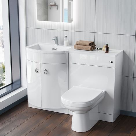 1100mm LH Gloss White Basin Vanity Flat Pack Bathroom, WC Unit, BTW Toilet  Dene (1/5)
