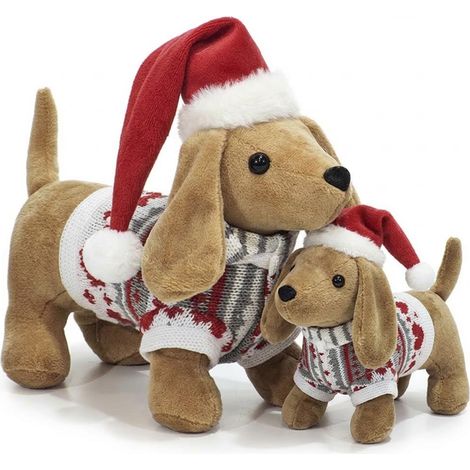 Famiglia Cane Bassotto mamma e figlio Natalizio Morbido ALTI cm 34 & 20 con vestito grigio Cappello rosso di Babbo Natale  Sciarpa  e Maglioncino Pupazzo Peluche Decorativo per Casa,Feste idee regalo (1/5)