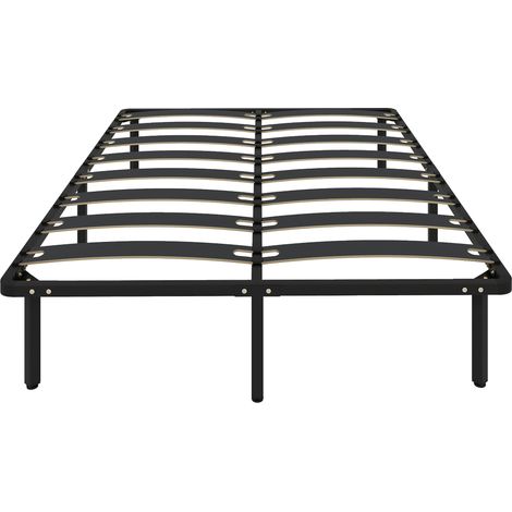 Bettgestell 140 x 190 cm, Doppelbett mit Lattenrost und Beinen aus Massivholz, mit Stauraum darunter, schwarz