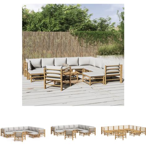 Gartenlounge - vidaXL 12-tlg. Garten-Lounge-Set mit Hellgrauen Kissen Bambus - Gartenmöbel Bambus (1/5)