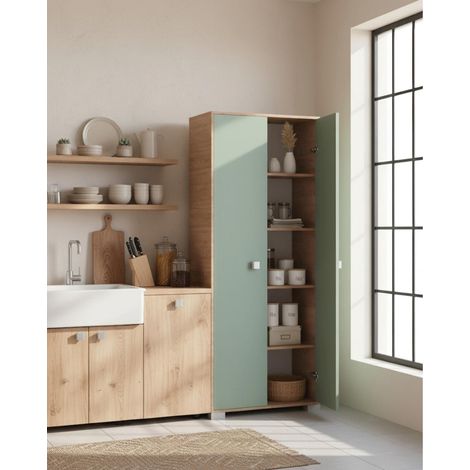 Armadio multiuso Clara 2 ante - Mobile contenitore dispensa salvaspazio - Ante in color salvia e struttura in virginia - 5 ripiani interni - 75x180x35 cm (1/4)