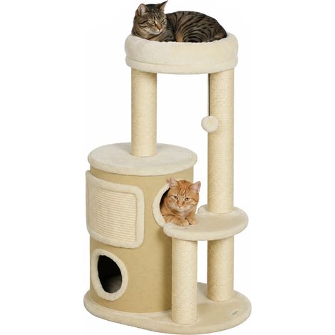 Arbre à chat avec tonneau grattoir à deux étages, poteau grattoir sisal, plateforme planche sisal et balle de jeu, pour chats jusqu'à 5 kg (1/5)