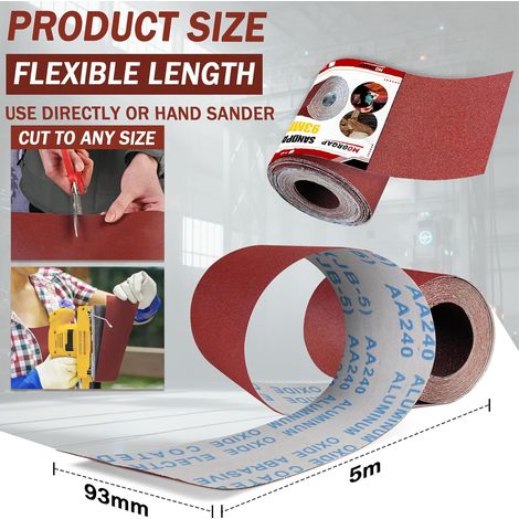 Rouleaux de Papier Abrasif 93MM x 5M, Grain 60 Papier de Verre Humide et Sec Rouleau Abrasif à l'Oxyde d'Aluminium pour Bois Métal Dérouillage Polissage (1/4)