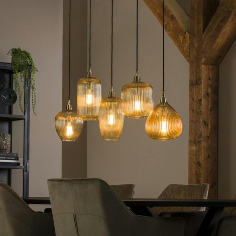 Pier Import – Suspension vintage multiple 5 lampes – Verre et métal – Longueur 120 cm – Largeur 20 cm – Hauteur 150 cm – Culot E27 réglable (1/5)