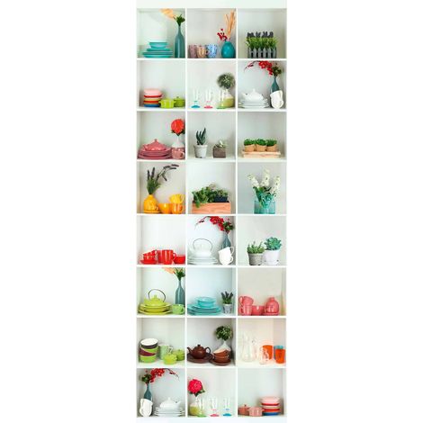 Papier peint panoramique trompe l'œil vaisselier | Tapisserie panoramique multicolore 3D tasse & assiette | Papier peint panoramique cuisine - 280 x 100 cm (1 pièce) (1/2)