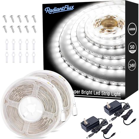 XEPHO Bandes lumineuses LED blanches. Lot de 2 bandes de 15 m (50 pi), flexibles, offrant un bon éclairage. 1800 LED, 6000 K. Idéales pour le salon, la table de chevet ou un miroir de coiffeuse. (1/5)