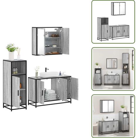 Muebles de baño con espejo - vidaXL Set de muebles de baño 3 pzas madera contrachapada gris sonoma - Armario de baño con lavabo