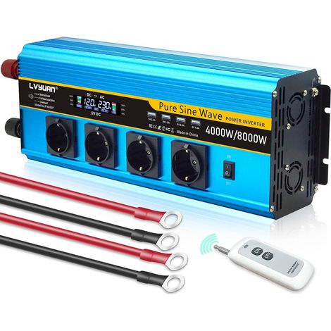 Convertisseur de tension 12V à 220V 4000W – Onduleur pur sinus avec écran LCD – Télécommande sans fil jusqu'à 10m – Protection contre surtensions