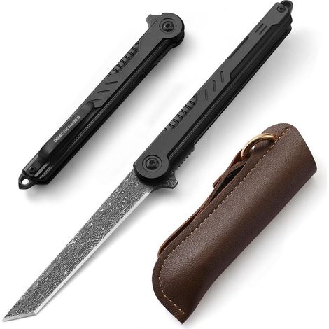 Couteau de poche acier Damas Tanto couteau à une main avec Liner-Lock et pochette