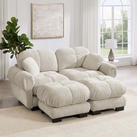 Divano modulare 2 posti in ciniglia con ottomana mobile, 190 x 149 x 90 cm, khaki chiaro DESVIAE (1/5)