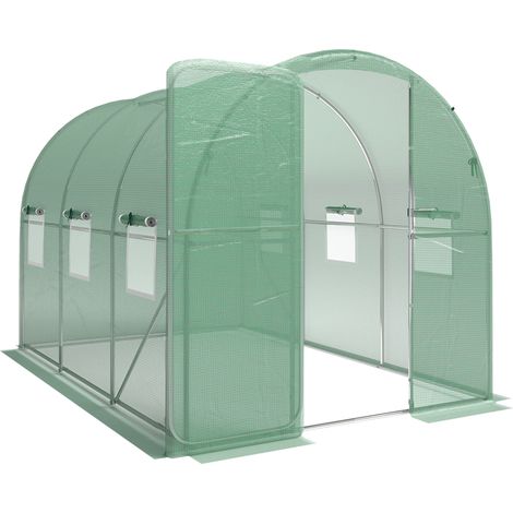 GagaSerre tunnel de jardin 6m², serre de jardin tunnel 200x300x200cm porte et 6 fenêtres, bâche PE 140 g/m² vert (1/5)
