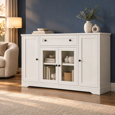 Aparador blanco 138 x 40 x 83 cm con 4 puertas, 2 vitrinas, 1 cajón y 6 compartimentos DESVIAE (1/5)