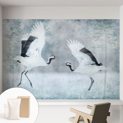 Papier peint intissé à motifs décoratifs pour salon chambre et bureau Décoration murale élégante avec colle Grues harmonieuses 152x104 cm (1/5)