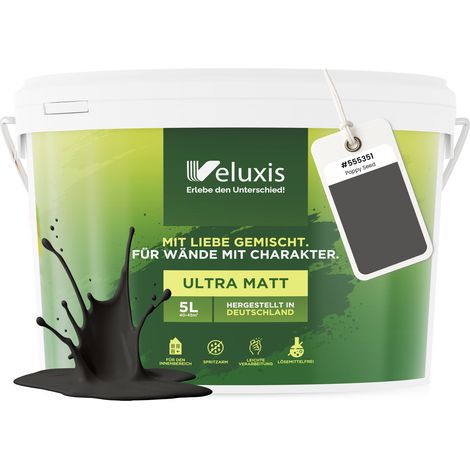 Wandfarbe Anthrazit Schwarz Grau Matt Innenfarbe – Deckkraft Klasse 1, VOC-frei, Ohne Grundierung, Tropfarm – Wohnzimmer & Schlafzimmer – 5L – Veluxis (Poppy Seed)