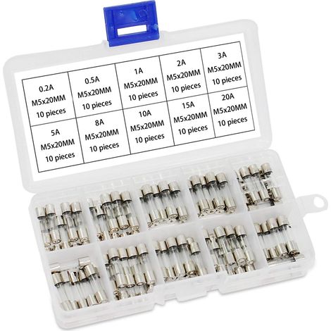 Kit d'assortiment de fusibles pour cartouche de tube en verre fusible de 100 pièces M5x20MM 250V AMP 0.2A, 0.5A, 1A, 2A, 3A, 5A × 8A, 10A, 15A, 20A (1/5)