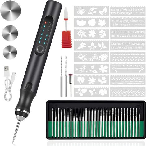 Stylo de gravure, rechargeable par USB, outil de gravure sans fil, portable pour bricolage, gravure rotative pour bijoux, bois, verre, pierre (noir) (1/5)