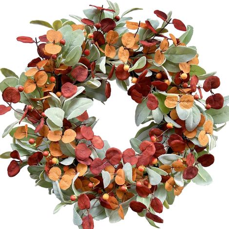 Guirlande Automnale - Guirlande Halloween 18 Pouces - Décoration Porte Extérieure Mur Jardin - Feuilles Eucalyptus Baies Citrouilles Oreilles De Mouton - 1 Pièce (1/4)