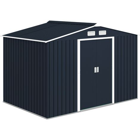 Outsunny 9 x 6ft Metal Garden Shed, Outdoor Storage Tool House with Ventilation Slots, Foundation Kit and Lockable Double Doors, Dark Grey