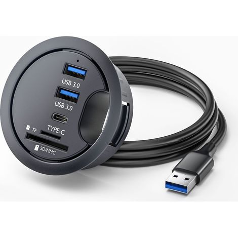 Hub USB 3.0 de bureau avec 2 ports USB 3.0, lecteur de cartes et port USB Type-C intégré, idéal pour le bureau et la maison. (1/3)