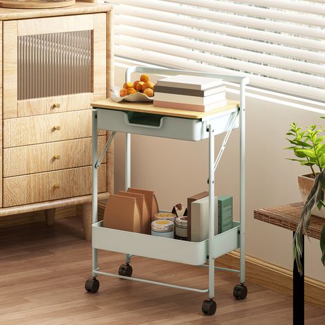 Chariot utilitaire à roulettes à 2 niveaux avec tiroir, plateau et panier métallique pour chambre, salle de bain, cuisine, vert clair