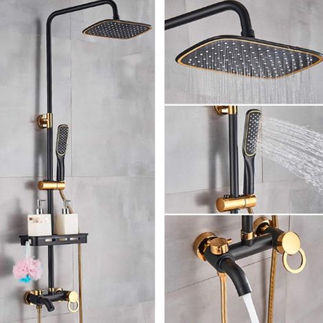 3-Function Bathroom Shower Faucet Set, Rain Shower, Hand Shower, Shower System, Black Bathroom Faucet, Rain Shower Head Set, Wall Mounted Mixer with Soap Dish, High Quality Black Gold (1/5)